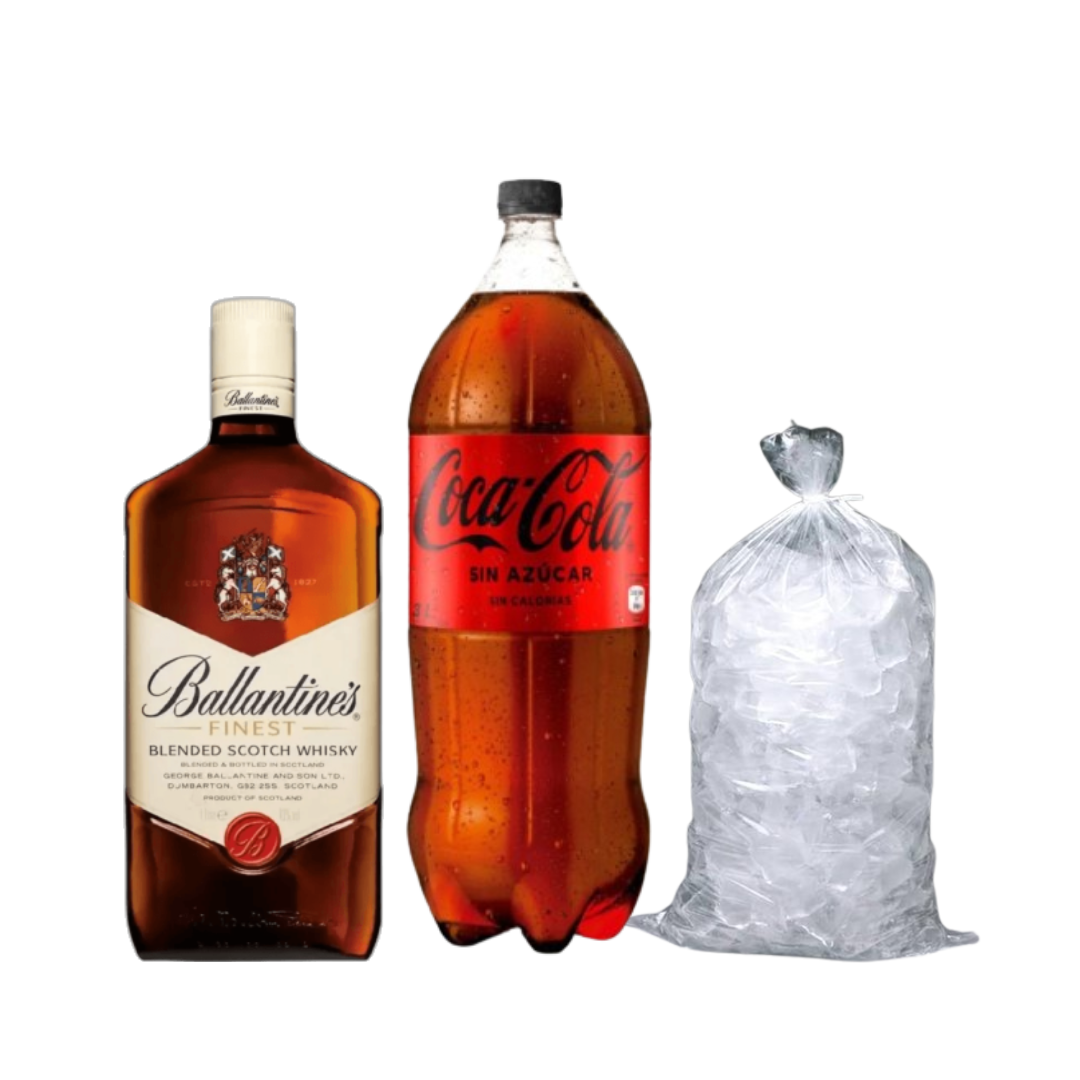 Promo Whisky Ballantine’s Litro + Coca-Cola Zero 3L + hielo 1 kg