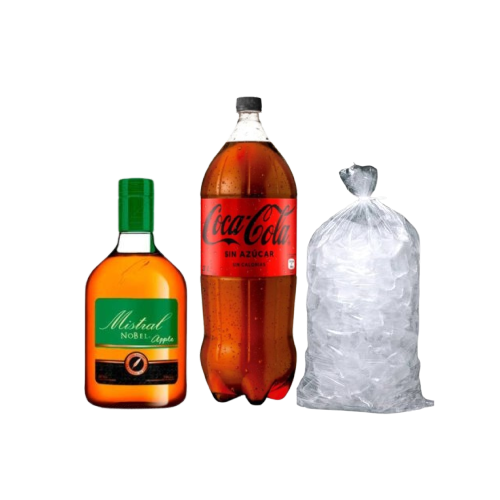 Promo Pisco Mistral Nobel Manzana 750 cc + Coca-Cola Zero 3L + hielo 1 kg